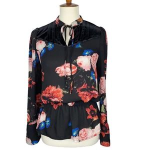 S Black Velvet Floral Print Long Bell Sleeve Keyhole Tie Neck Peplum Blouse Top